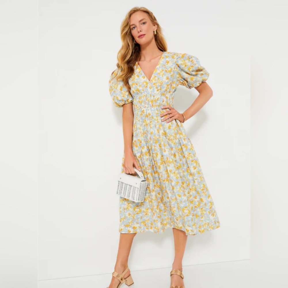 Tuckernuck Hyacinth House Blue and Orange Floral Puff Sleeve Pauline Midi Dress